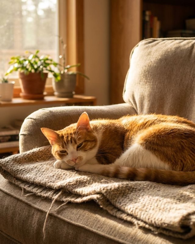 A happy adopted cat relaxing at home